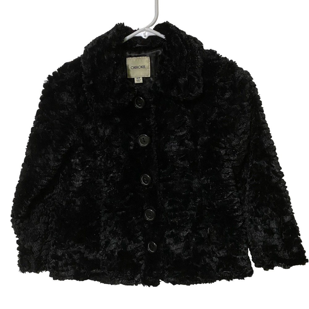 Cherokee Girls Black‎ Shaggy Faux Fur Jacket S Button Front Cozy Collar Pockets